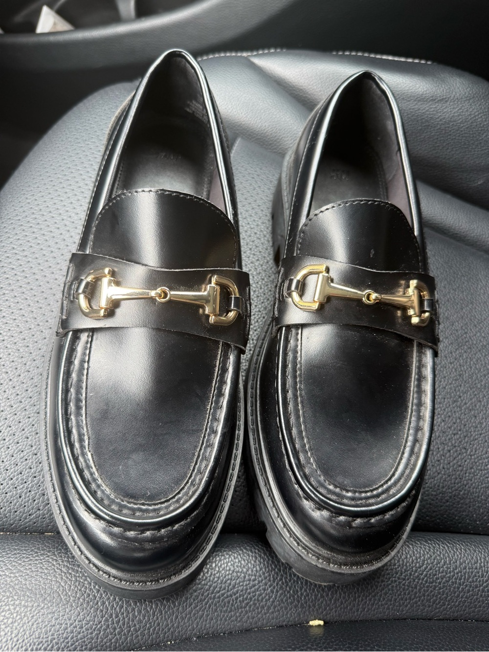 H&M WOMEN’s Black Leather Bit Loafers with Gold Hardware
